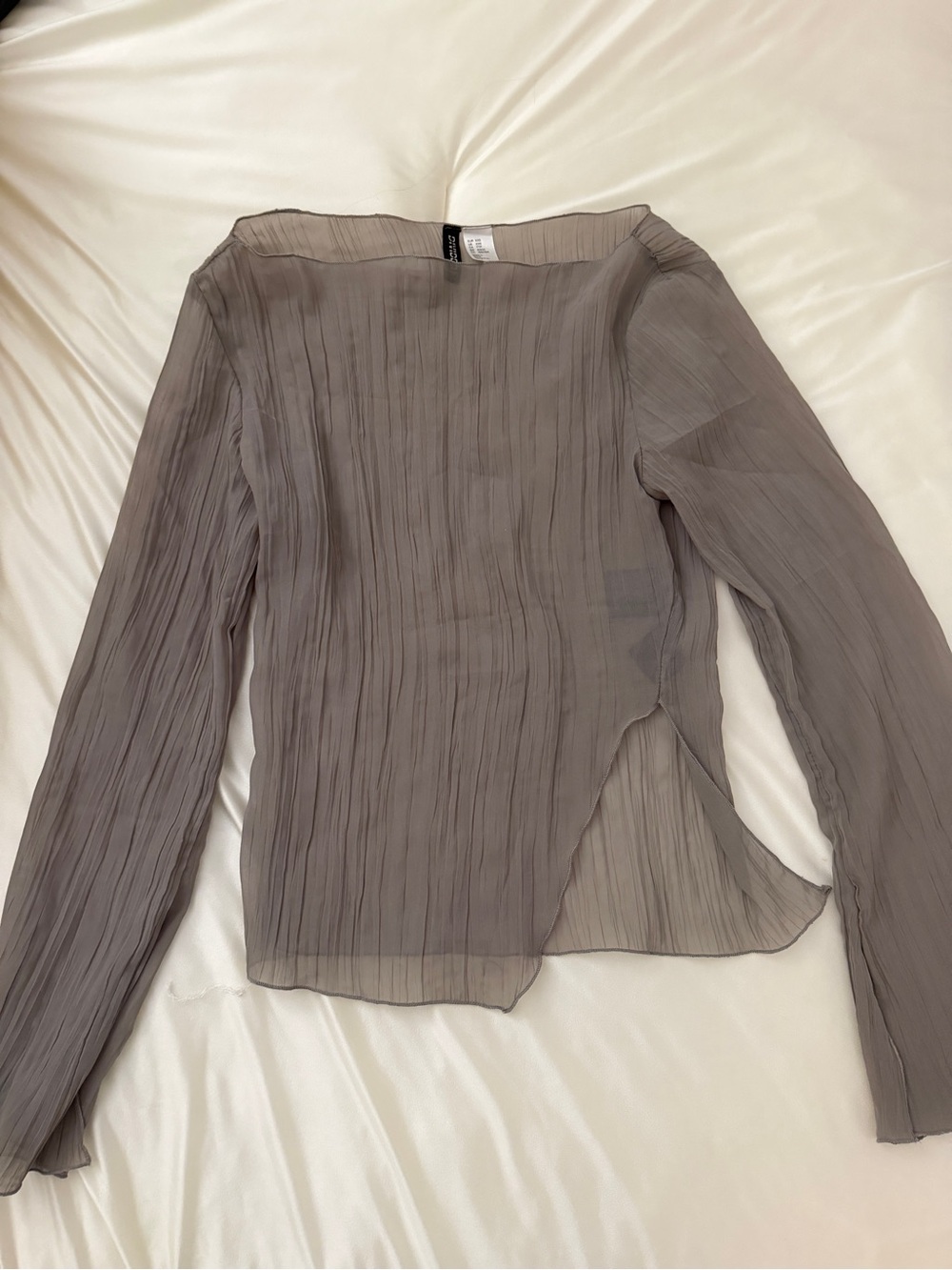 H&M Sheer Pleated Long-Sleeve Blouse - Taupe Gray